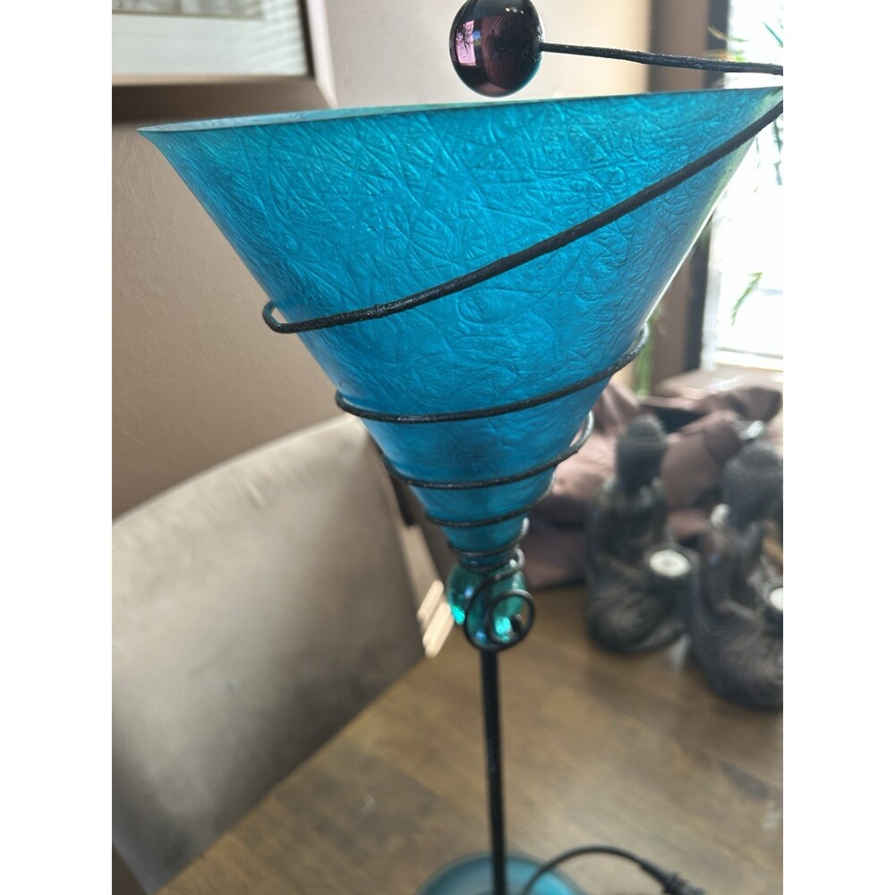 Set of 2 Vintage,  Teal Martini Glass Lamps, MCM Style.  Fiberglass Shades 18” - Picture 8 of 9